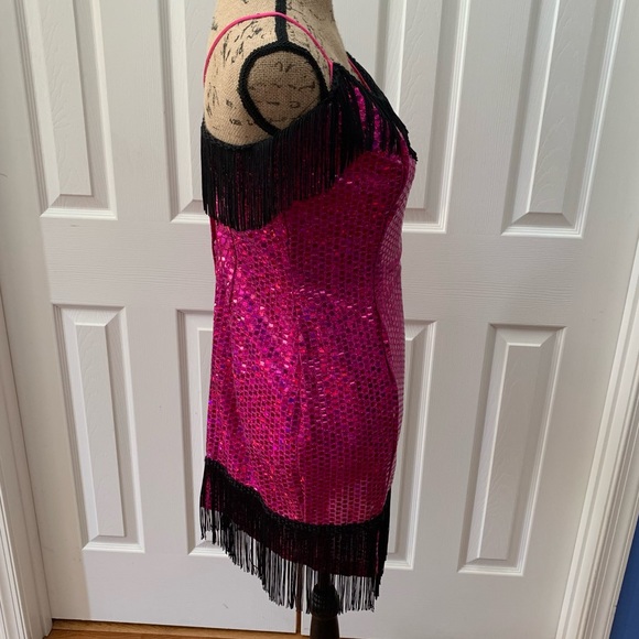 Vintage 1920s Flapper Fuchsia Sequin Black Fringe Spaghetti Strap Dress - Picture 7 of 11